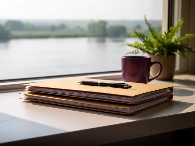 A neat stack of closed manila folders and a pen on a desk by a window.