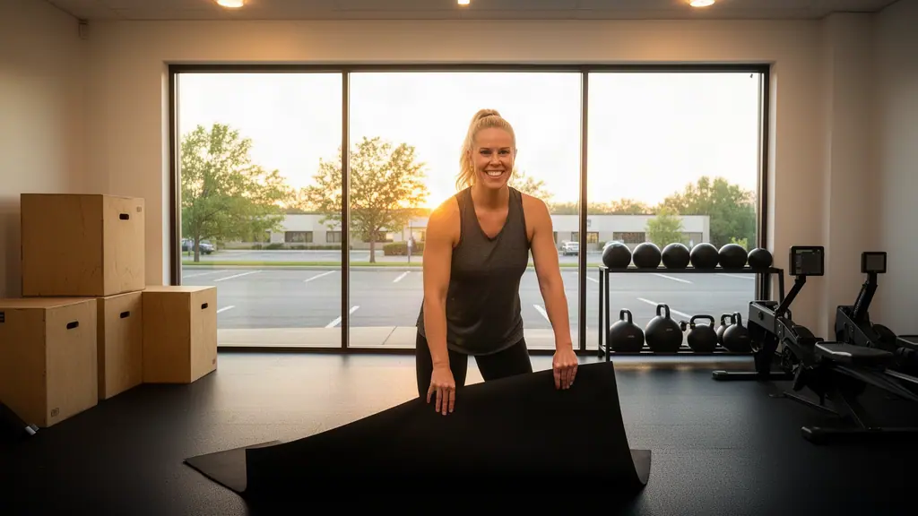A gym owner unrolling a floor mat at opening time, sunrise glowing through the glass front of her gym.