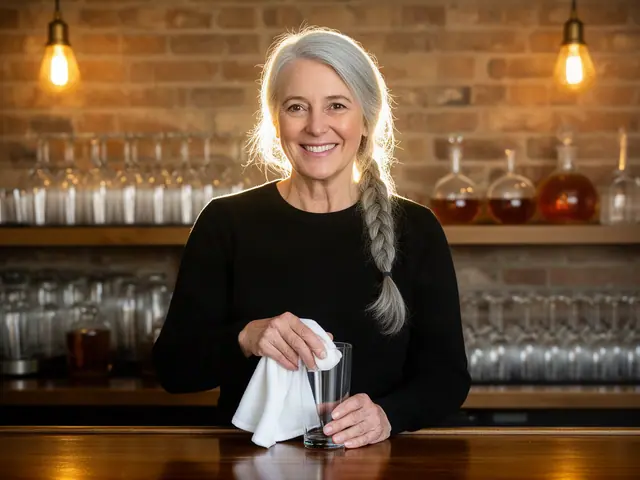 A bar owner polishing a glass behind a wooden bar.