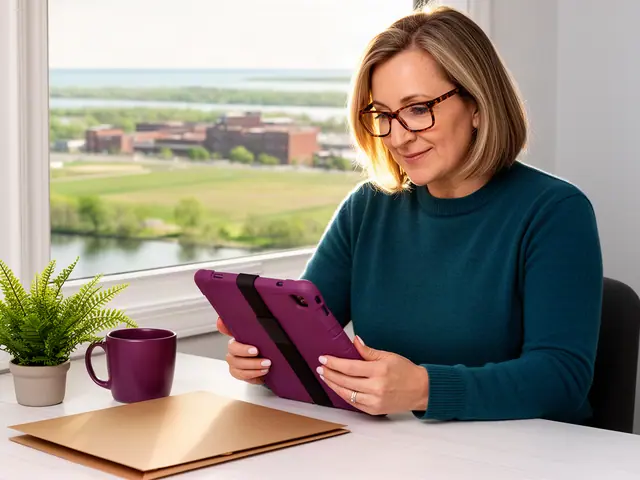 A woman with a dark-blonde bob and tortoiseshell glasses reviewing a tablet at a desk in a small back office.