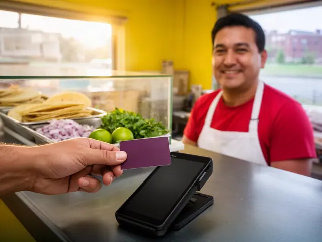 A customer taps a card on a counter terminal at a small taqueria counter.