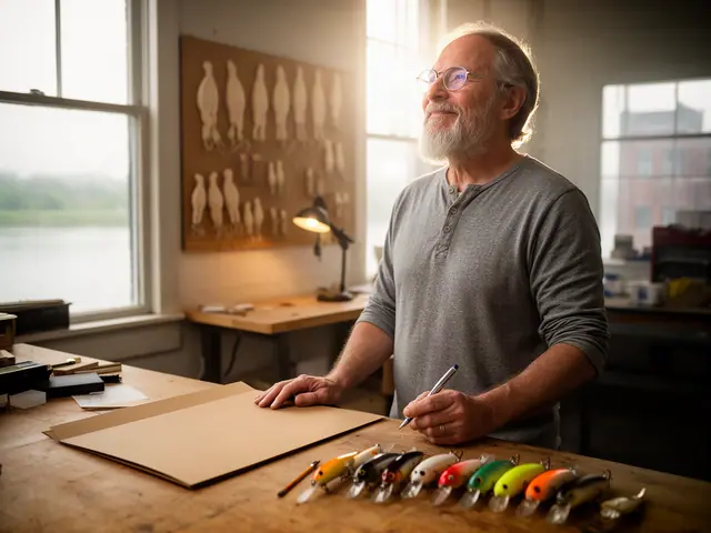 A lure maker at his workbench with a row of painted wooden fishing lures and a closed folder.